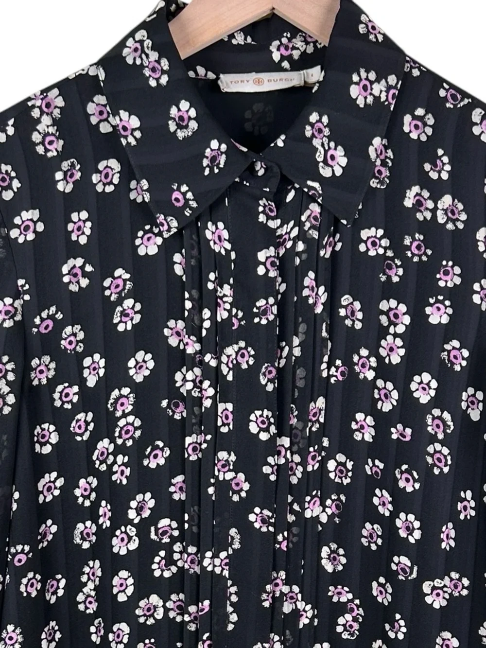 TORY‎ BURCH Avery Silk Floral Mini Shirt Dress Black Pink Size 4 Preppy Resort